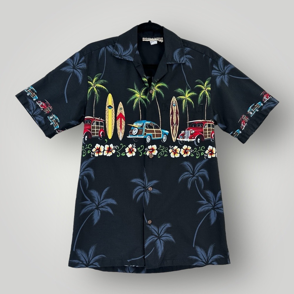 VTG Blue Hawaii Hawaiian Shirt MENS S Black‎ Surfboards Woody Wagons Surfer USA